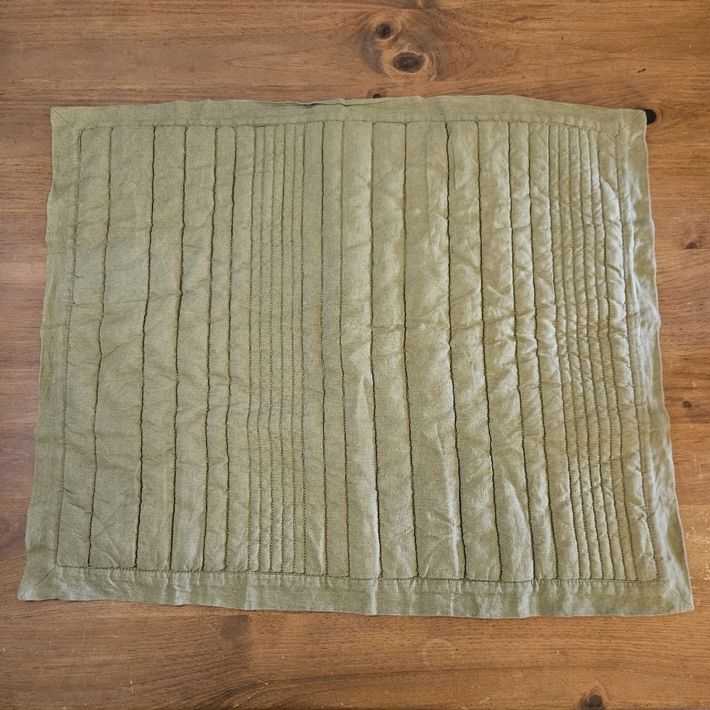 West Elm European Flax Linen Quilted Linework Sham Standard Queen Olive